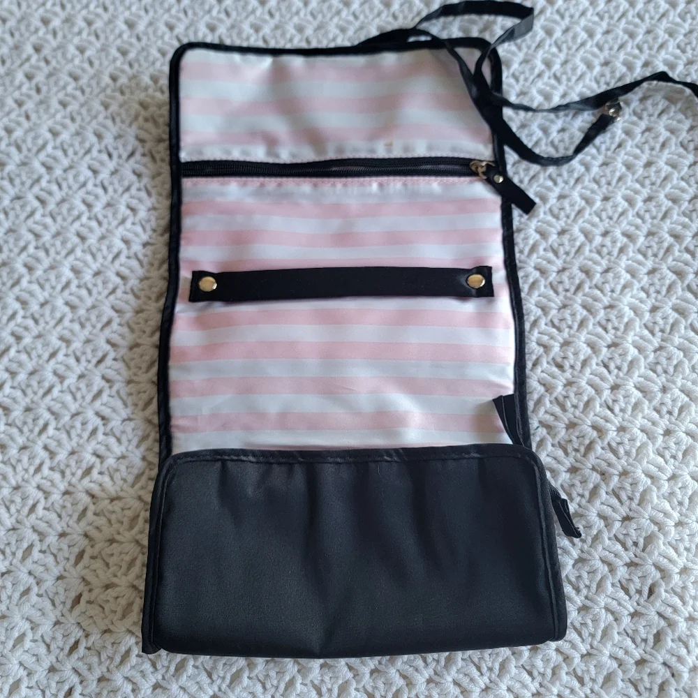 Victoria's Secret Jewelry Roll Travel Bag Black/VS Pink Stripes/Gold